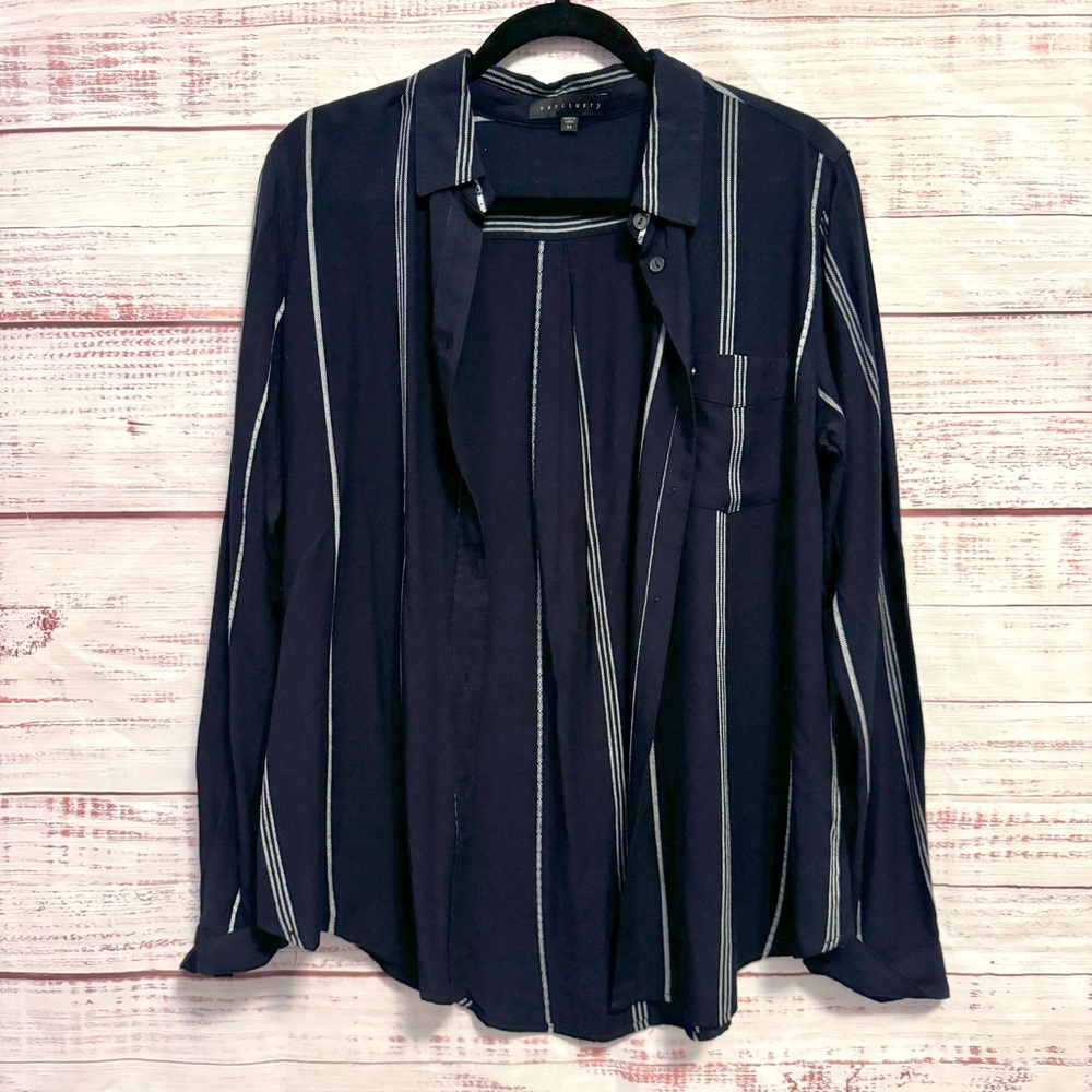 Navy blue sanctuary, blue white striped button up blouse.